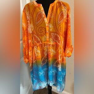 EUC Est 1946 SZ 22/24W Bright Orange/Blue Lightweight Button Sheer Tunic/Coverup